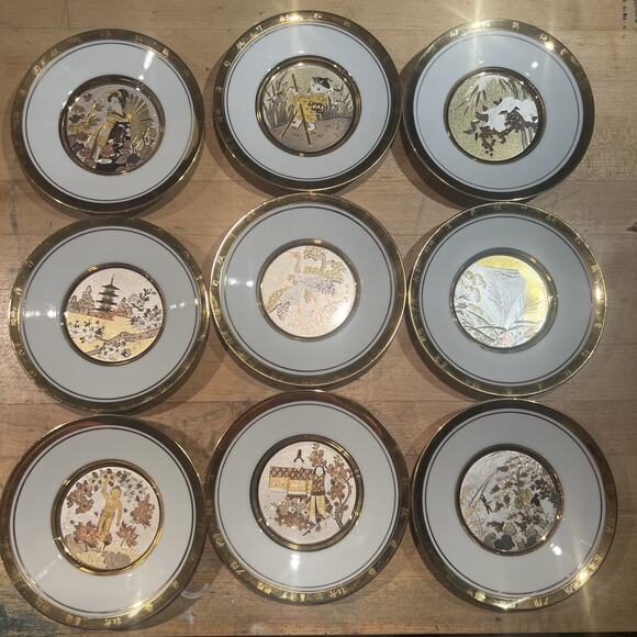 Japanese Floral Calendar Chokin Collection 9 Plates Hamilton 24K GORGEOUS! EX! - Picture 2 of 13